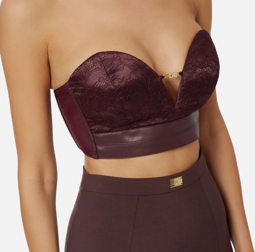 Top bustier in pizzo floreale con logo gioiello